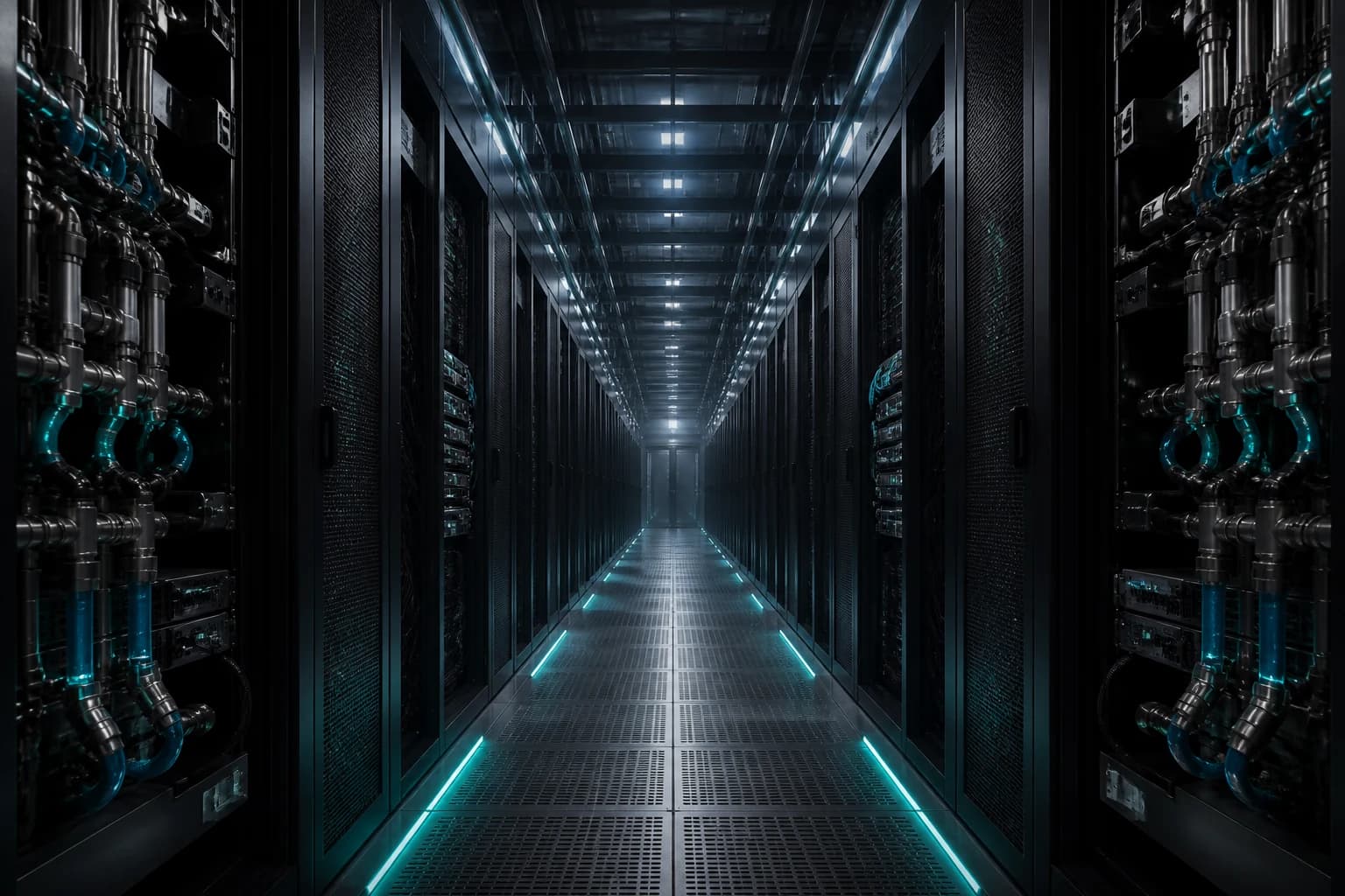 Liquid-cooled server racks inside a modern AI data center